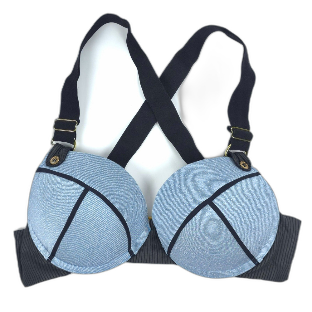 BEACH BUNNY Sexy Divide Denim Push Up Padded Underwire Bikini Top Black Leather